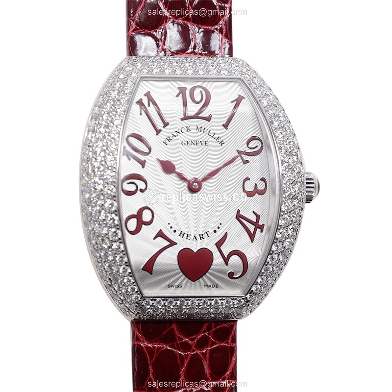 Franck Muller 5002 M Heart Quartz Watch in 18kt White Gold & Diamond, Silver Dial & Red Alligator