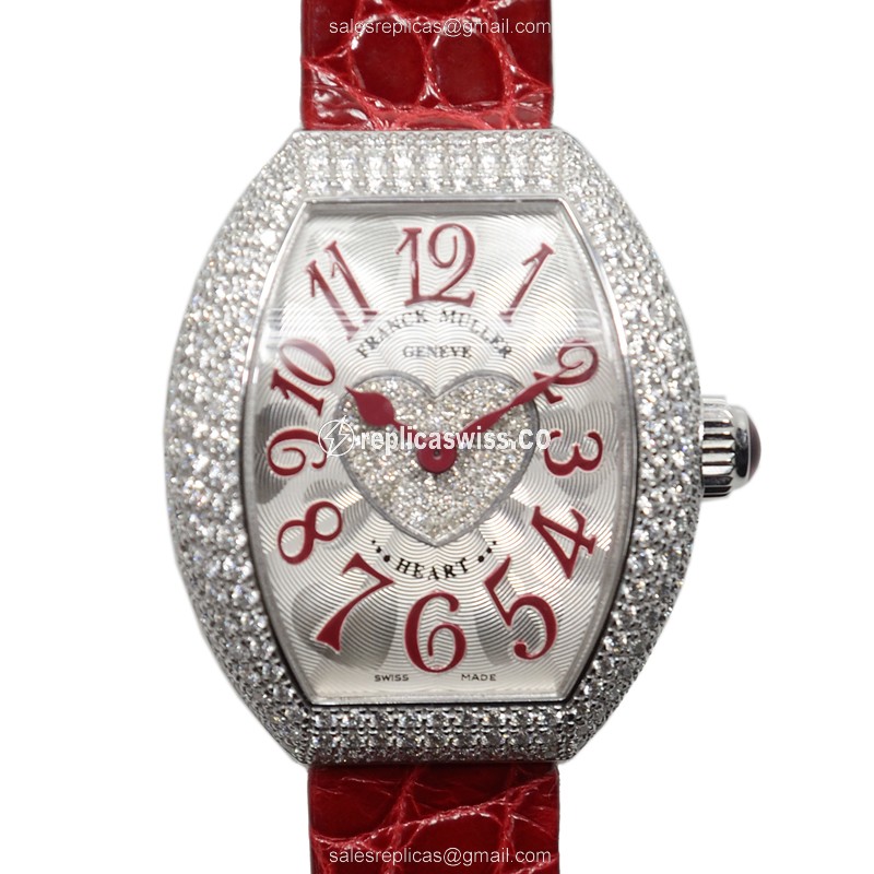 Franck Muller 5002 S Heart Quartz Replica in 18kt White Gold, Silver Dial & Red Alligator Strap