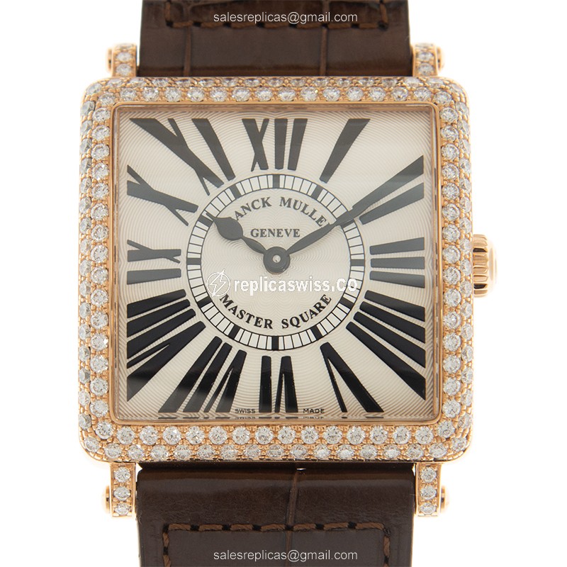 Franck Muller 6002 M B QZ Replica Watch | White Dial, 18kt Rose Gold Case & Diamond Bezels