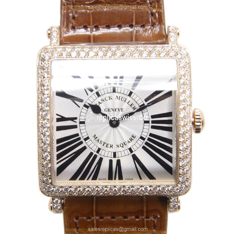 Franck Muller 6002 M Master Square Quartz, Silver Dial, 18kt Rose Gold Case & Diamond Bezel Watch