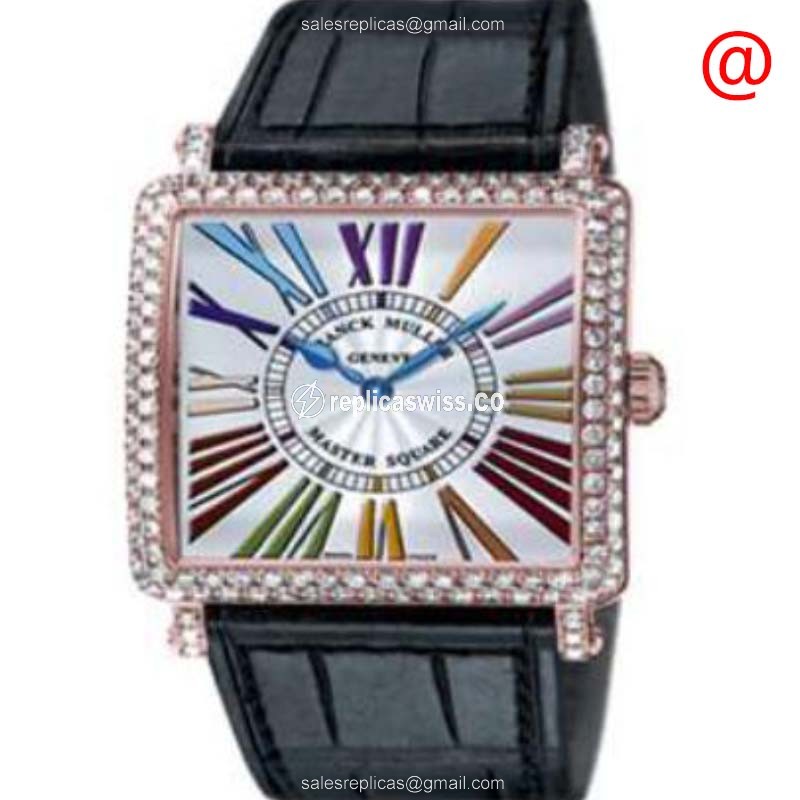 Franck Muller 6002 M Master Square Replica in 18kt Rose Gold, Silver Dial, Leather Strap Watch