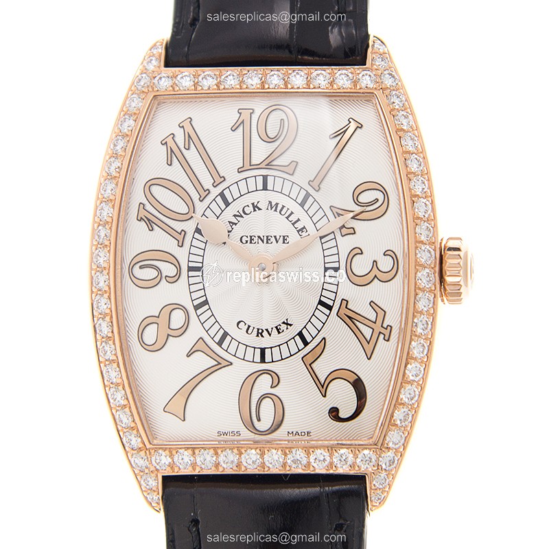 Franck Muller 7502 QZ Cintree Curvex Replica in 18kt Rose Gold, Silver Dial, Alligator Strap Watch