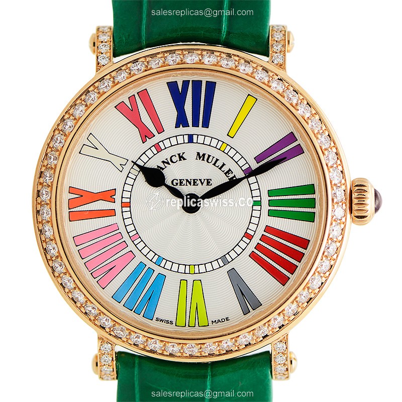 Franck Muller 8035 Quartz Replica, White Dial, 18kt Rose Gold Case, Alligator Green Strap Watch