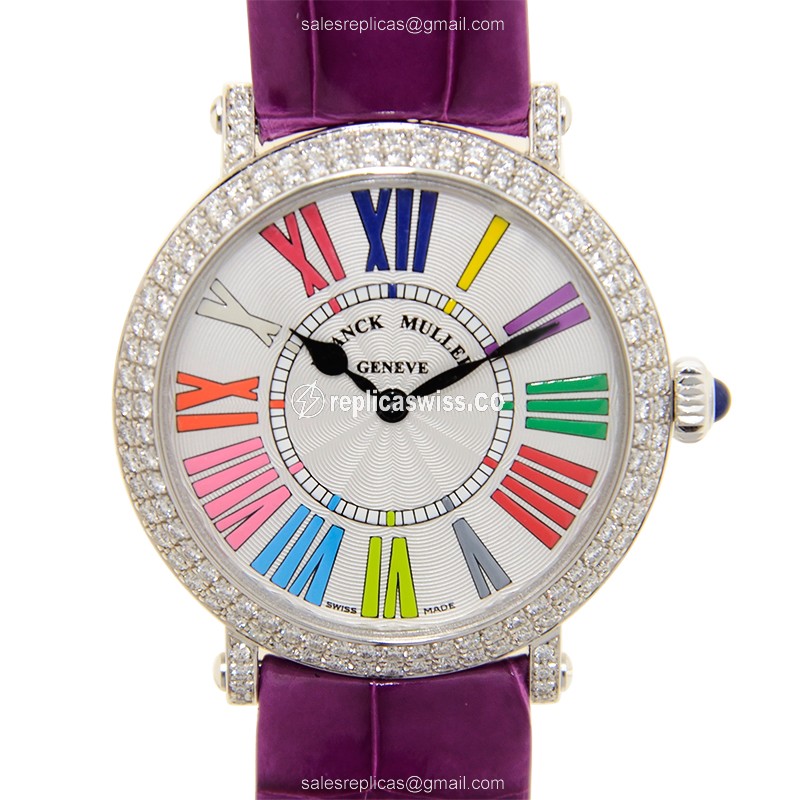 Franck Muller 8035 QZ Replica in 18kt White Gold, Silver Dial, Alligator Strap, Sapphire Crystal