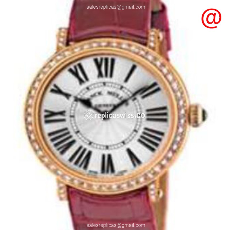 Franck Muller 8035 Replica in 18kt Rose Gold with Diamond Bezels Silver Dial on Leather Strap