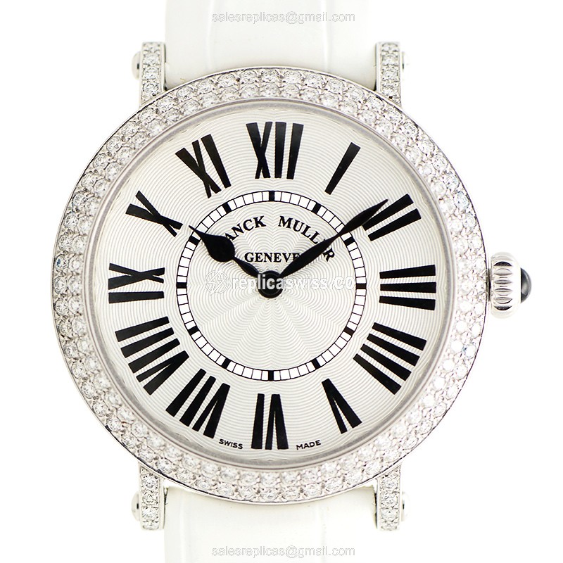 Franck Muller 8035 Replica, White Dial & Stainless Steel Case with Alligator Strap & Diamond