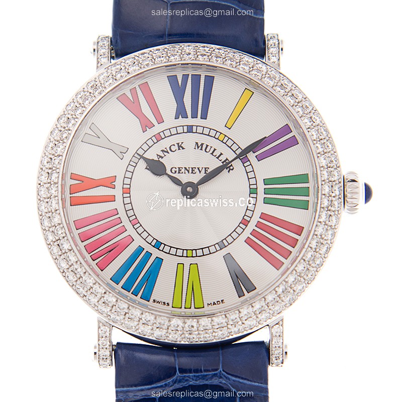 Franck Muller 8038 Replica with White Diamond Dial Leather Blue Strap, Quartz Movement Watch