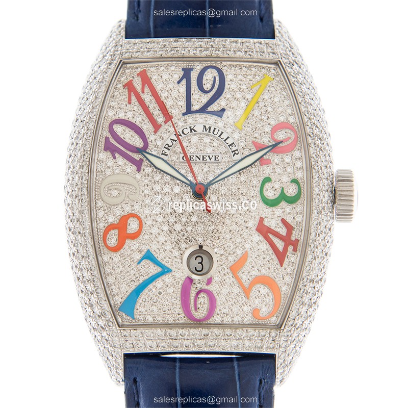 Franck Muller 8880 SC DT D6 COL DRMOG-BL Automatic Replica in 18kt White Gold with Diamond Bezels &