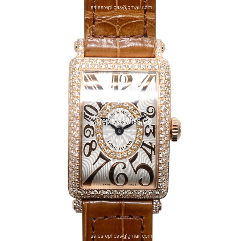 Franck Muller 902 QZ Long Island Replica in 18kt Rose Gold, Silver Dial, Alligator Brown Strap