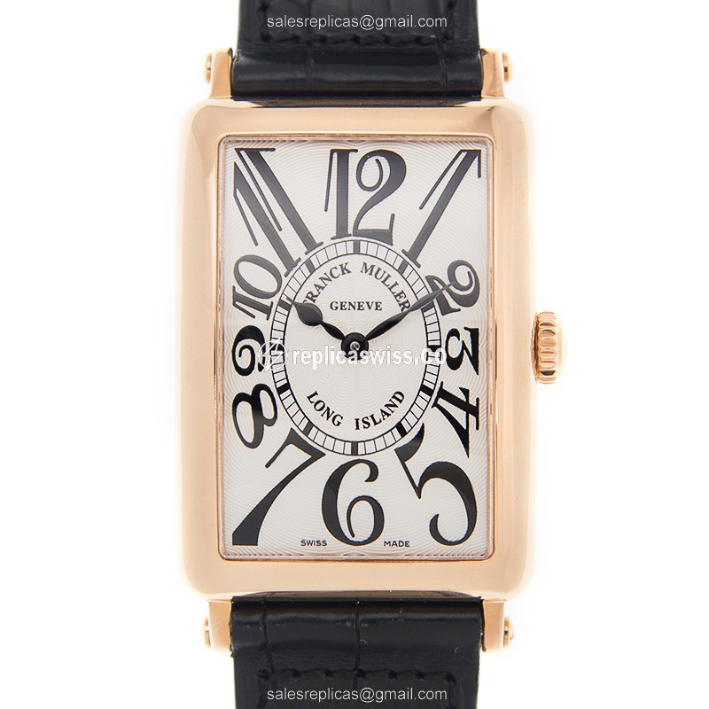 Franck Muller 952 QZ LONG ISLAND Replica in 18kt Rose Gold, Silver Dial, Alligator Brown Strap Watch