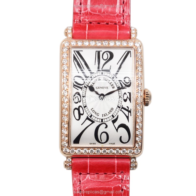 Franck Muller 952QZ LONG ISLAND Replica, 18kt Rose Gold Case, Silver Dial, Alligator Red Strap Watch