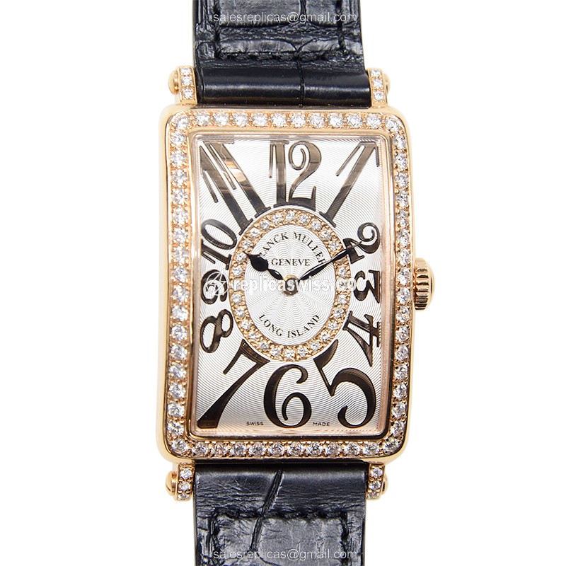 Franck Muller 952QZ Long Island Replica in 18kt Rose Gold & Diamonds, Silver Dial & Black Alligator