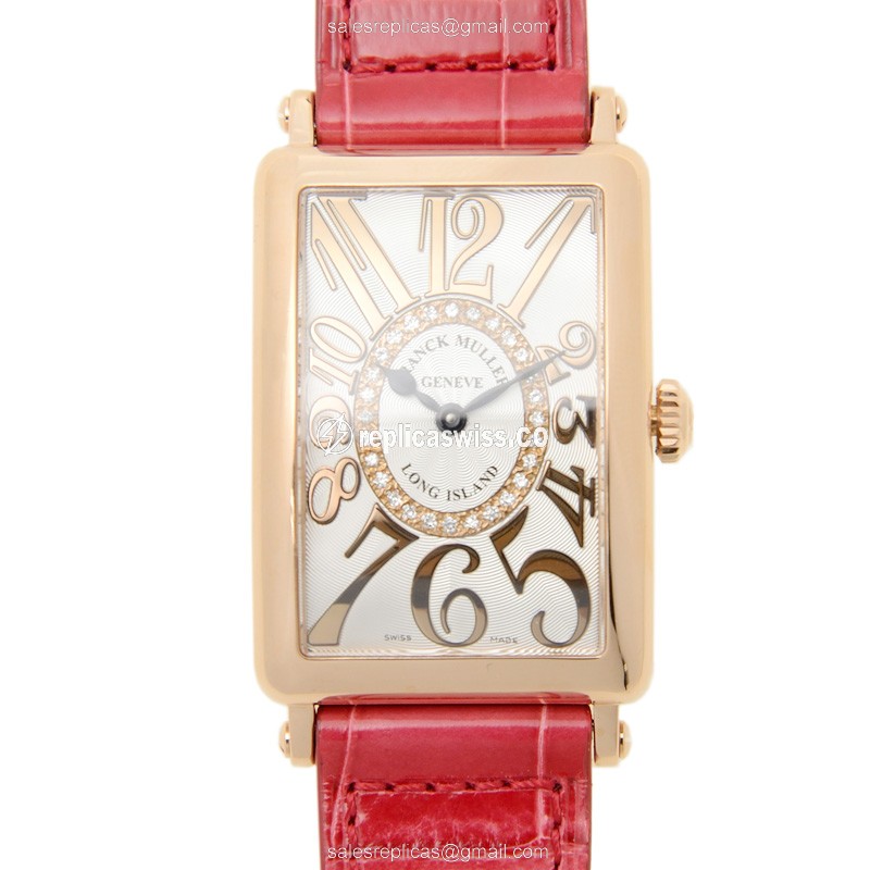 Franck Muller 952QZ Long Island Replica in 18kt Rose Gold, Silver Dial & Leather Strap Watch