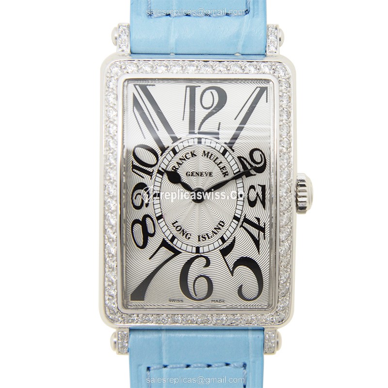 Franck Muller 952QZ LONG ISLAND Replica, Quartz, Silver Dial, Alligator Blue strap Watch