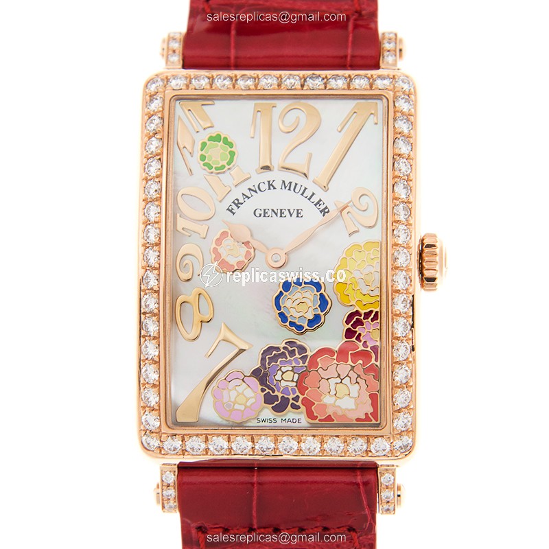 Franck Muller Long Island Replica in 18kt Rose Gold, White Dial, Alligator Red Strap Watch
