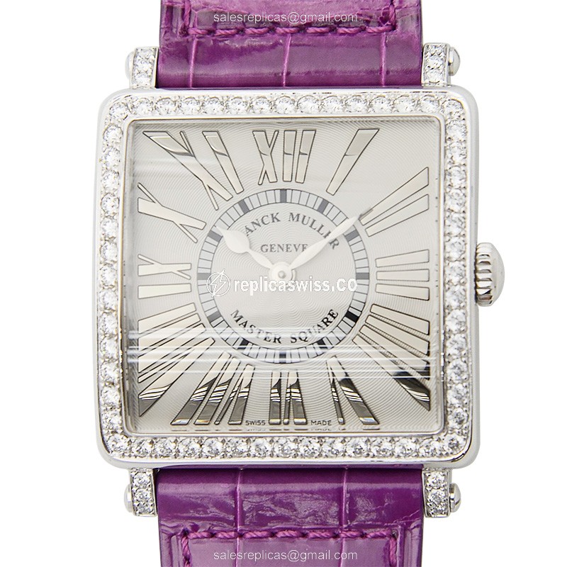 Franck Muller Master Square Replica | Silver Dial, Diamond Case & Alligator Strap Watch