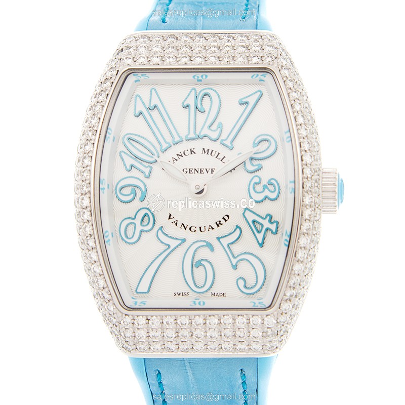 Franck Muller V 32 QZ D Vanguard Quartz Replica | Silver Dial, Blue Alligator Strap Watch