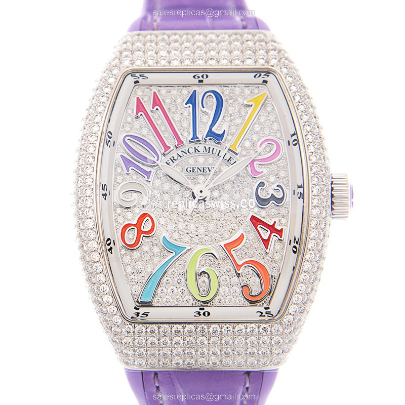 Franck Muller V 35 SC Vanguard Automatic 18kt White Gold Watch with Silver Dial & Purple Alligator