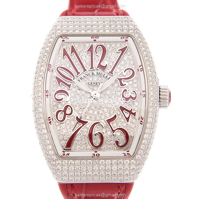 Franck Muller V 35 Vanguard Automatic, 18kt White Gold Case, Silver Dial & Red Alligator Strap Watch
