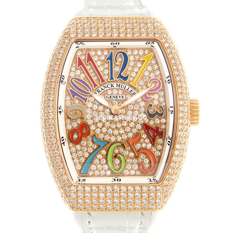 Franck Muller V 35 Vanguard Quartz Replica in 18kt Rose Gold, Diamond Accents, White Leather
