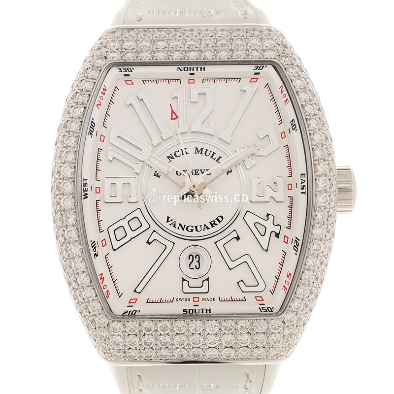 Franck Muller V 41 SC DT D VANGUARD — Automatic, 18kt White Gold, White Leather Strap Watch