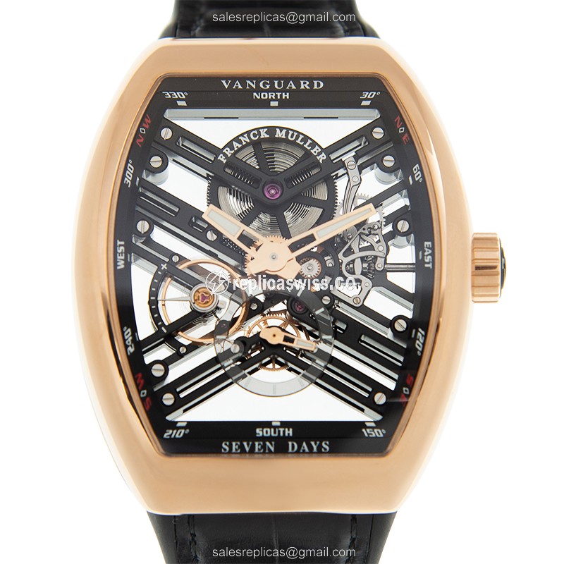 Franck Muller V 45 S6 SQT MVT Automatic Watch in 18kt Rose Gold with Black Dial Leather Strap