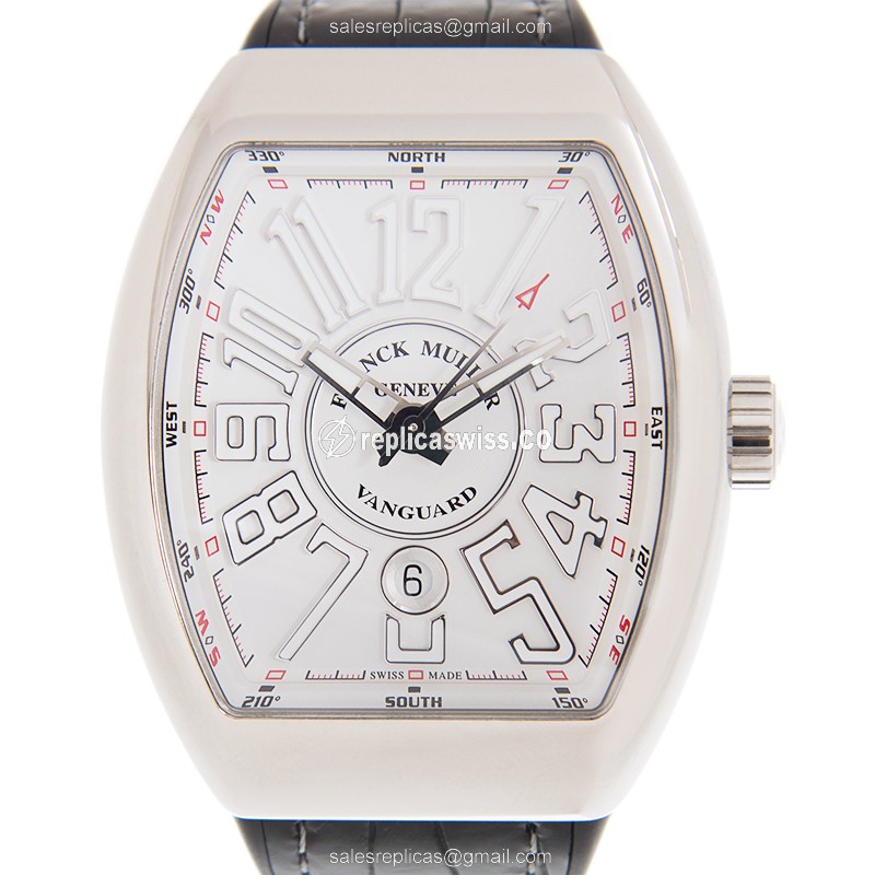 Franck Muller V 45 SC DT AC.BC Vanguard Automatic Steel Case, White Dial Leather Strap Watch