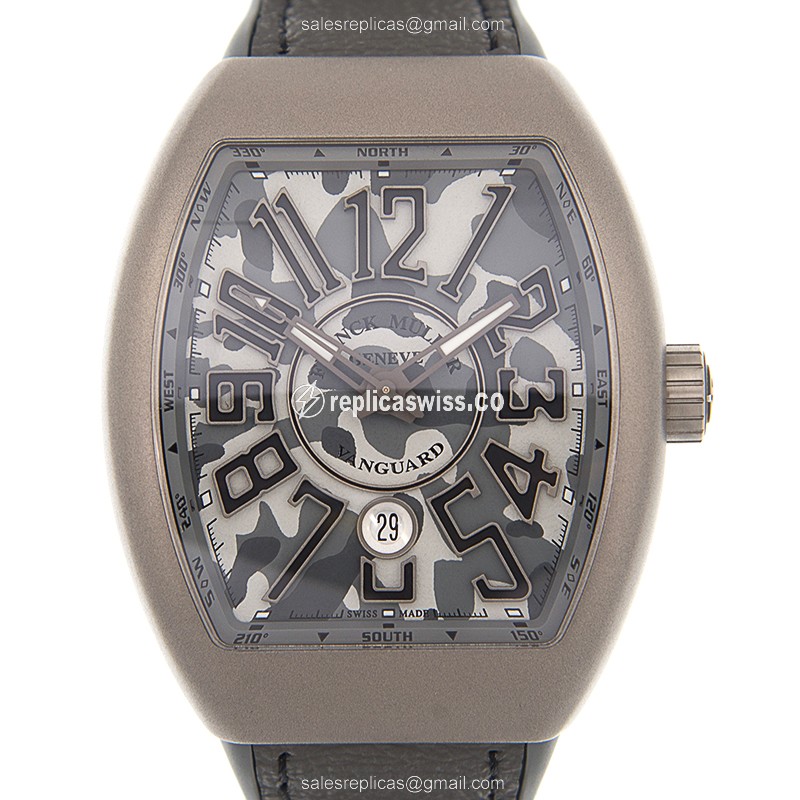 Franck Muller V 45 SC DT CAMOU Vanguard Automatic Steel Case, Gray Dial, Leather Strap Watch