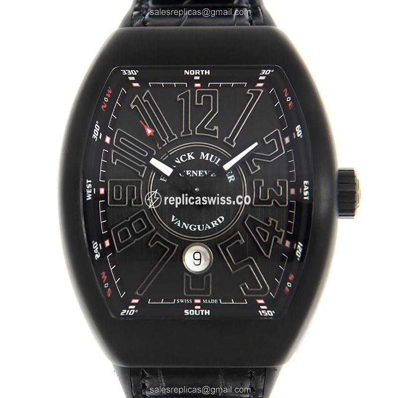 Franck Muller V 45 SC DT TT NR Vanguard Automatic Steel Case, Black Leather Strap Watch