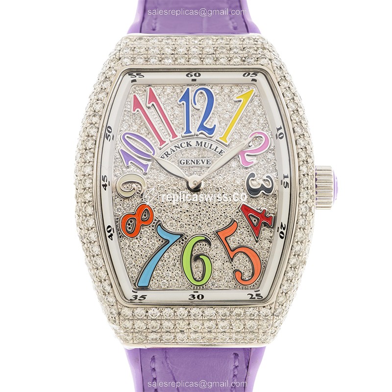 Franck Muller V32 QZ Silver Dial Automatic Watch | 18kt White Gold Case | Alligator Purple Strap