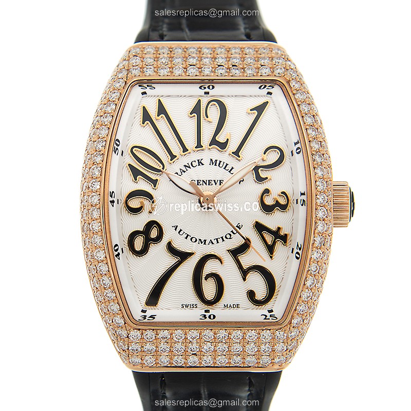 Franck Muller V32 SC Automatic, White Dial, 18kt Rose Gold Case with Diamond Bezels Watch