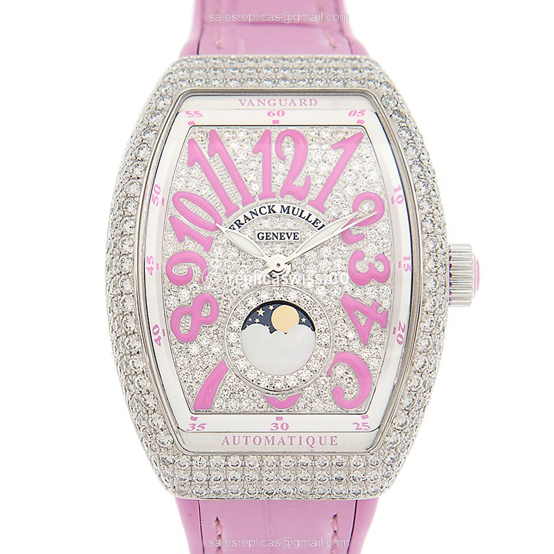 Franck Muller V32 SC Vanguard Automatic, Silver Dial, Diamond-Encrusted Case & Leather Strap Watch