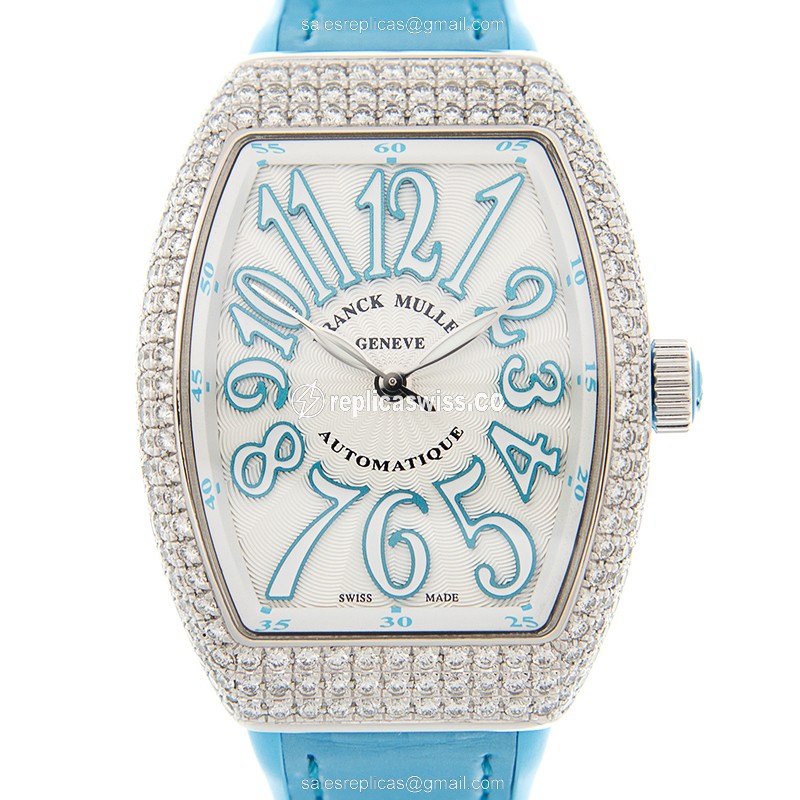 Franck Muller V32 SC Vanguard Automatic — White Dial, Blue Alligator Strap, Stainless Steel Case