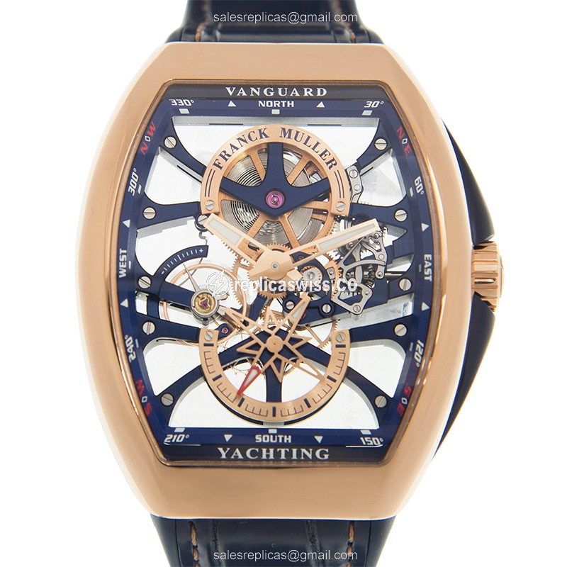 Franck Muller V45 Skull Anchor Blue Leather Strap, Automatic Rose Gold replica watch