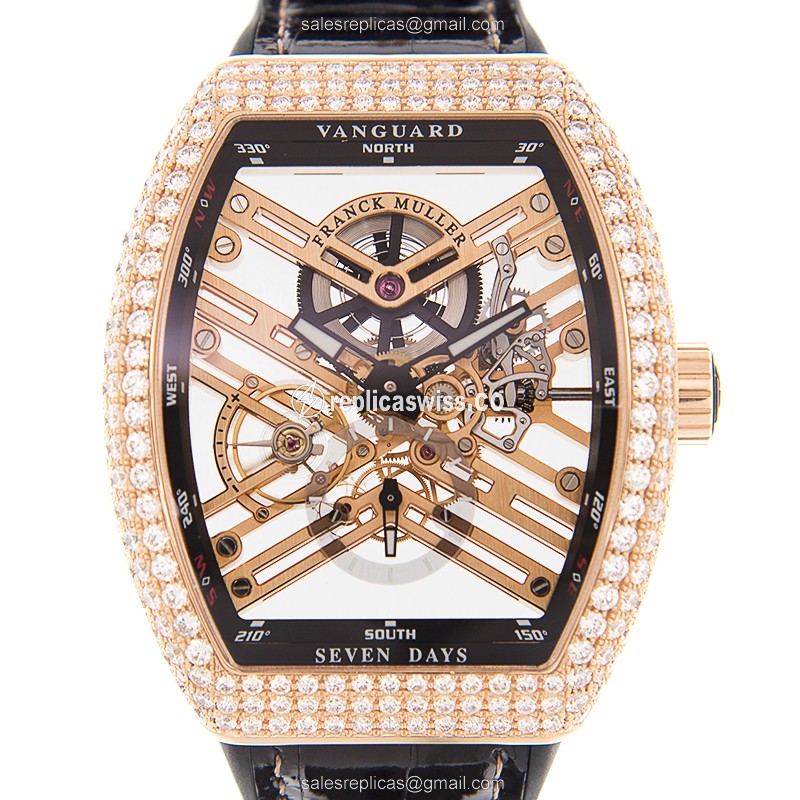 Franck Muller Vanguard Automatic Gold & Diamond Dial on Leather Strap Replica, 18kt Case Watch