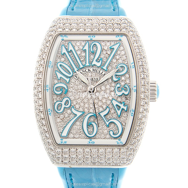 Franck Muller Vanguard Automatic Stainless Steel & Diamond Bezel, Silver Dial & Blue Alligator