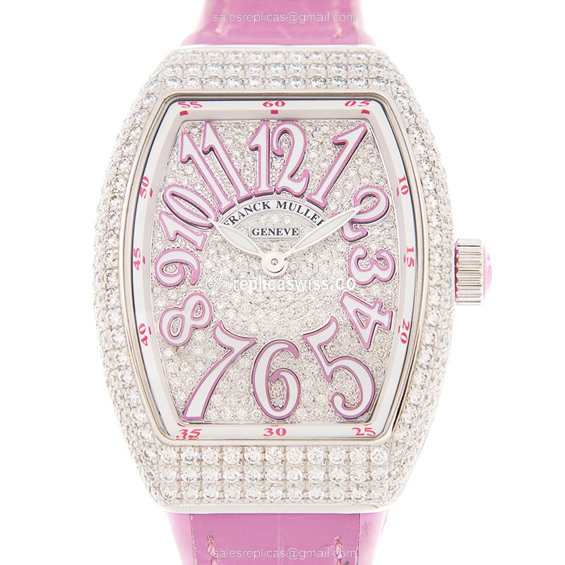 Franck Muller Vanguard Quartz Replica, Silver Dial, Pink Alligator Strap Watch