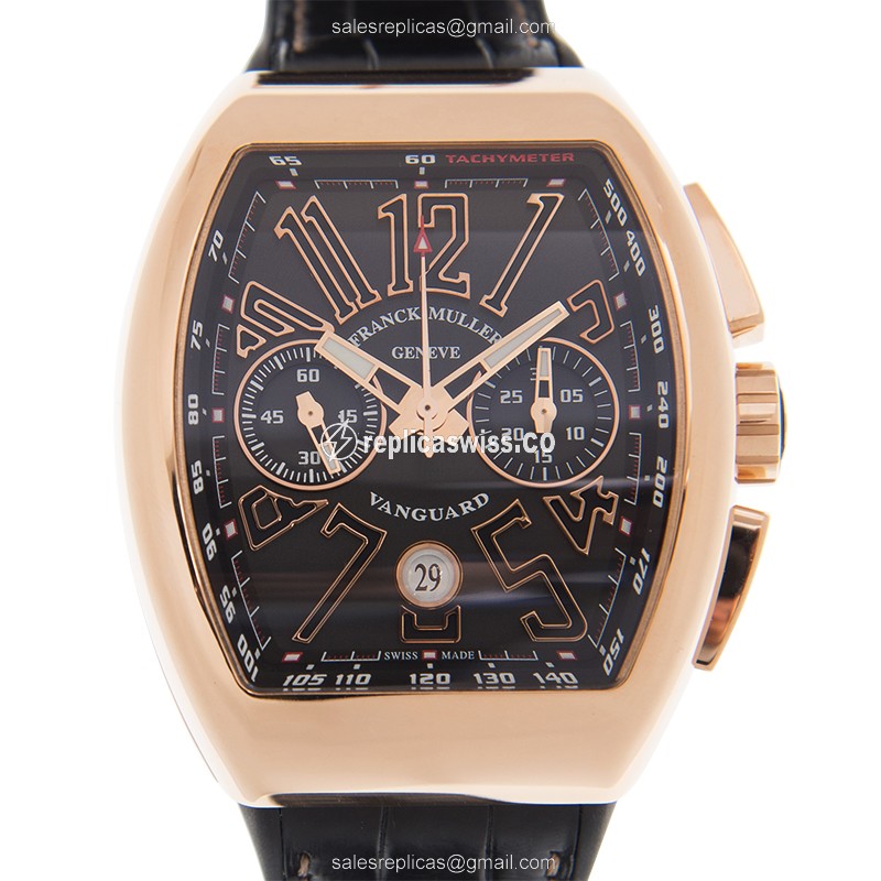 Franck Muller Vanguard Replica in 18kt Rose Gold, Automatic Movement, Black Leather Strap Watch
