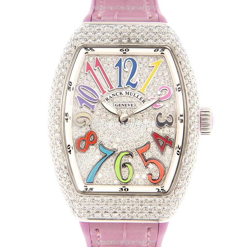 Franck Muller Vanguard Replica in Stainless Steel & Pink Leather, Silver Dial & Sapphire Crystal