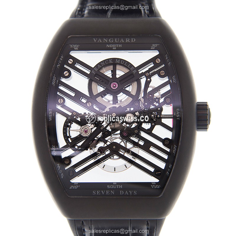 Franck Muller Vanguard S6 Automatic Replica | Black Dial & Leather Strap Watch
