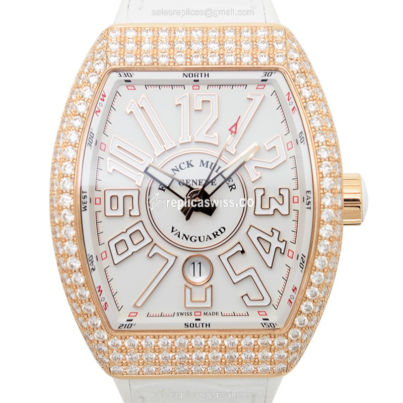 Franck Muller VANGUARD SC DT D Replica in 18kt Rose Gold with White Dial & Leather Strap Watch