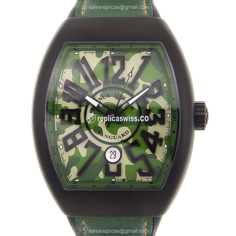 Franck Muller Vanguard V 45 SC DT Camouflage Replica, Automatic Movement, Green Dial & Leather