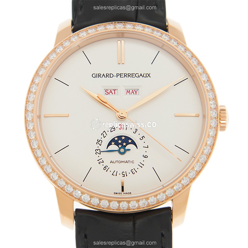 Girard Perregaux 1966 Automatic Replica in 18kt Rose Gold, White Dial, Black Alligator Strap