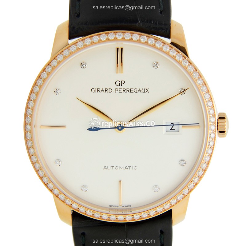 Girard Perregaux 1966 Automatic Replica in 18kt Rose Gold with White Dial & Black Alligator Strap