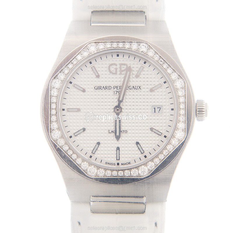 Girard Perregaux LAUREATO Quartz Steel Replica with Silver Dial & Alligator strap Watch