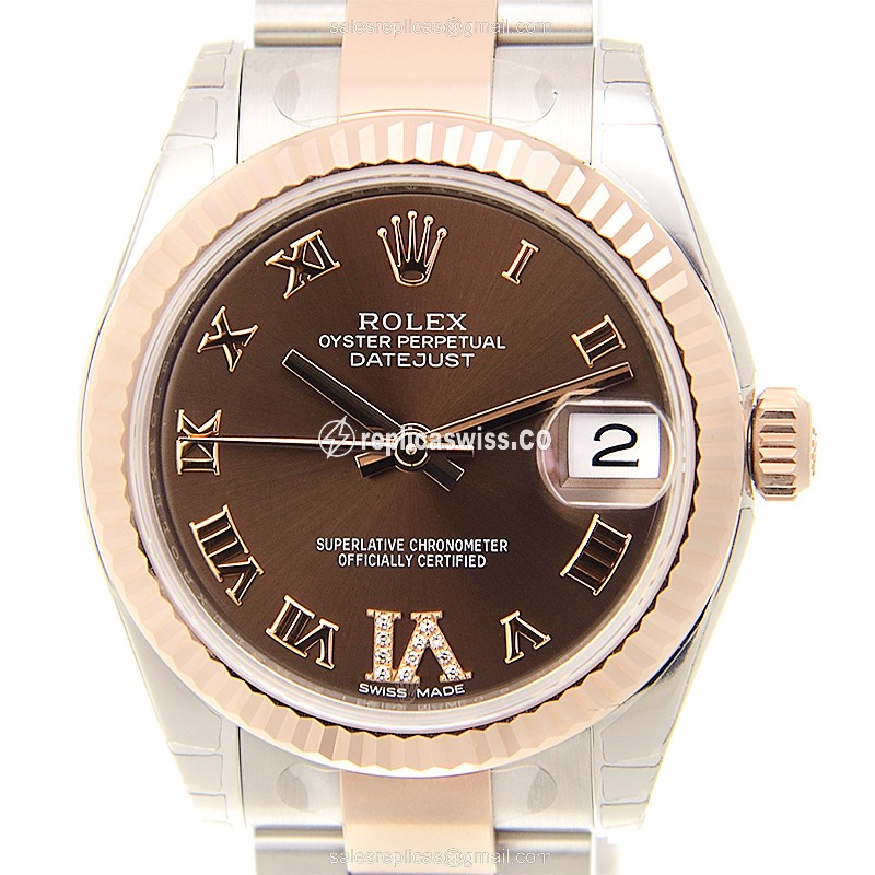 Glamorous Brown Dial Rolex Lady Datejust Replica, Automatic 18kt Steel Case & Gold Band Watch