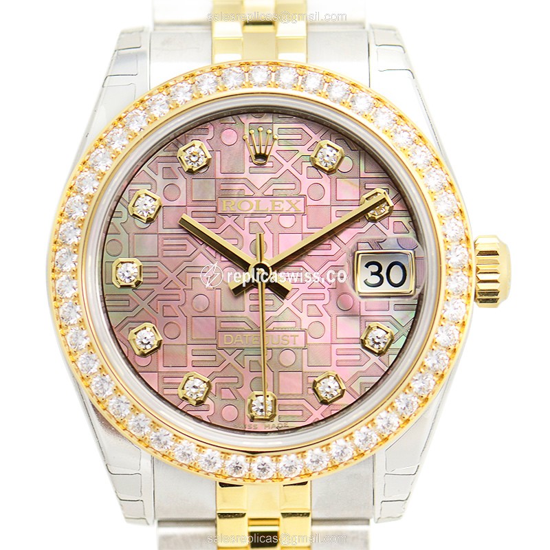 Glamorous Pink Dial Lady Datejust Replica by Rolex, Automatic Movement, 18kt Gold Case Watch