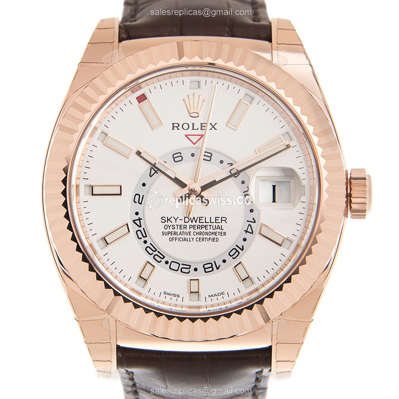Glamorous Pink Dial Rolex Sky-Dweller Replica, Automatic Movement in 18kt Gold, Elegant Brown