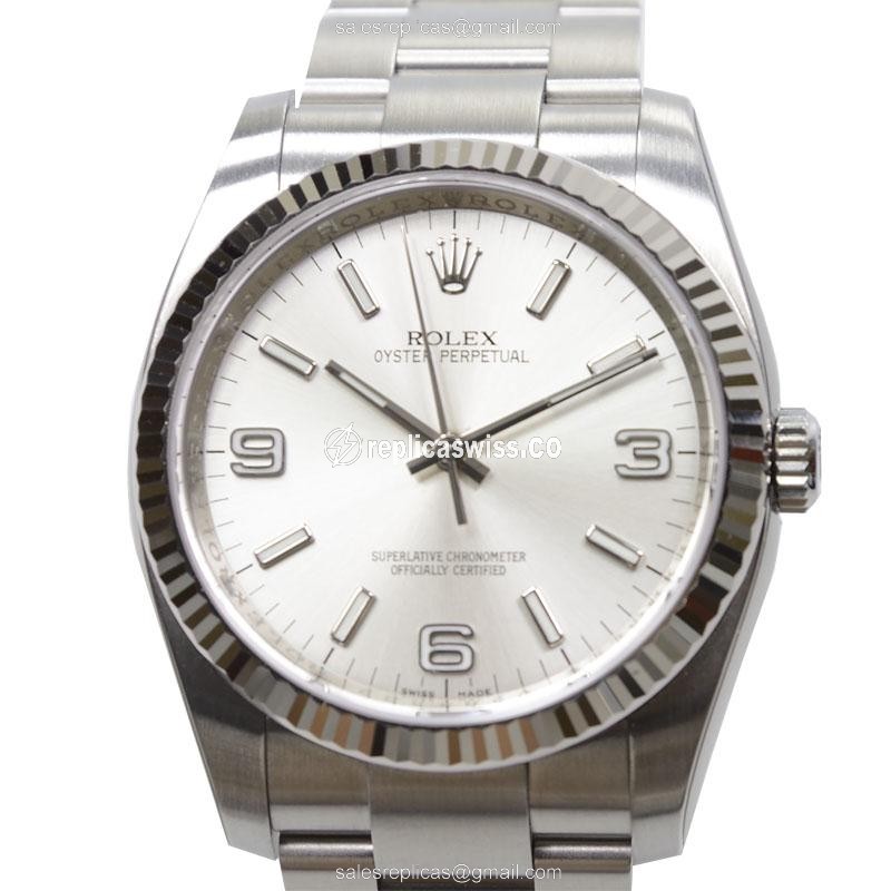 Glamorous Rolex 116034SV369 OYSTER PERPETUAL Replica, Automatic, 18kt White Gold Case & Silver Dial