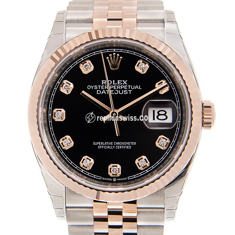 Glamorous Rolex DATEJUST Replica in 18kt Steel & Rose Gold with Black Dial Automatic Movement